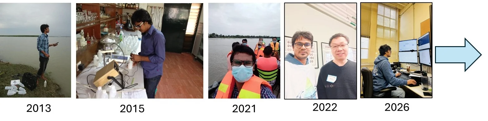Research photographs dated 2013, 2015, 2021, 2022, and 2026: water sampling, laboratory analysis, field engagement, the Guelph transition, and computational research